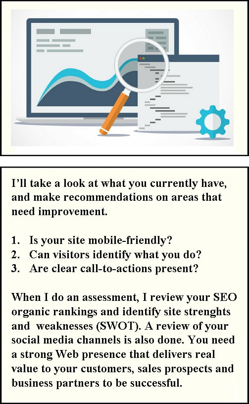 I�ll take a look at what you currently have and make recommendations on areas that need improvement. Is your site mobile-friendly? Can visitors identify what you do? Are clear call-to-actions present? When I do an assessment, I review your SEO organic rankings and identify site strenghts and  weaknesses (SWOT). A review of your social media channels is also done. You need a strong Web presence that delivers real value to your customers, sales prospects and business partners to be successful.