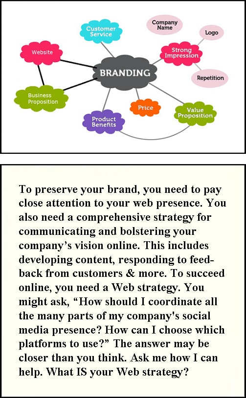 o preserve your brand, you need to pay close attention to your web presence. You also need a comprehensive strategy for communicating and bolstering your  company�s vision online. This includes  developing content, responding to feedback from customers & more. To succeed online, you need a Web strategy. You might ask, �How should I coordinate all the many parts of my company's social media presence? How can I choose which platforms to use?� The answer may be closer than you think. Ask me how I can help. What is your Web strategy?
